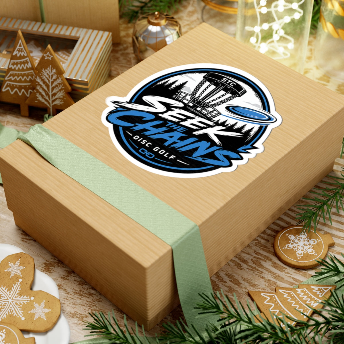 Disc Golf Sticker — "Seek the Chains" Kiss-Cut Sticker (Disc Golf Basket & Flying Disc Design)