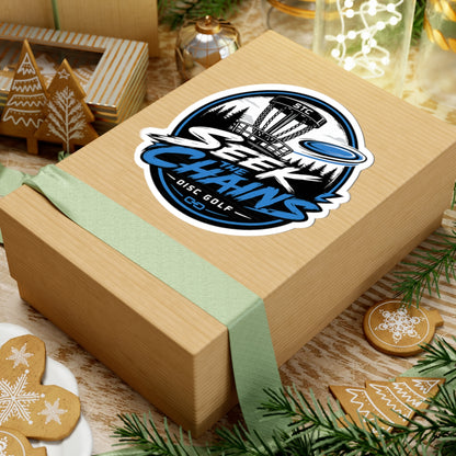 Disc Golf Sticker — "Seek the Chains" Kiss-Cut Sticker (Disc Golf Basket & Flying Disc Design)