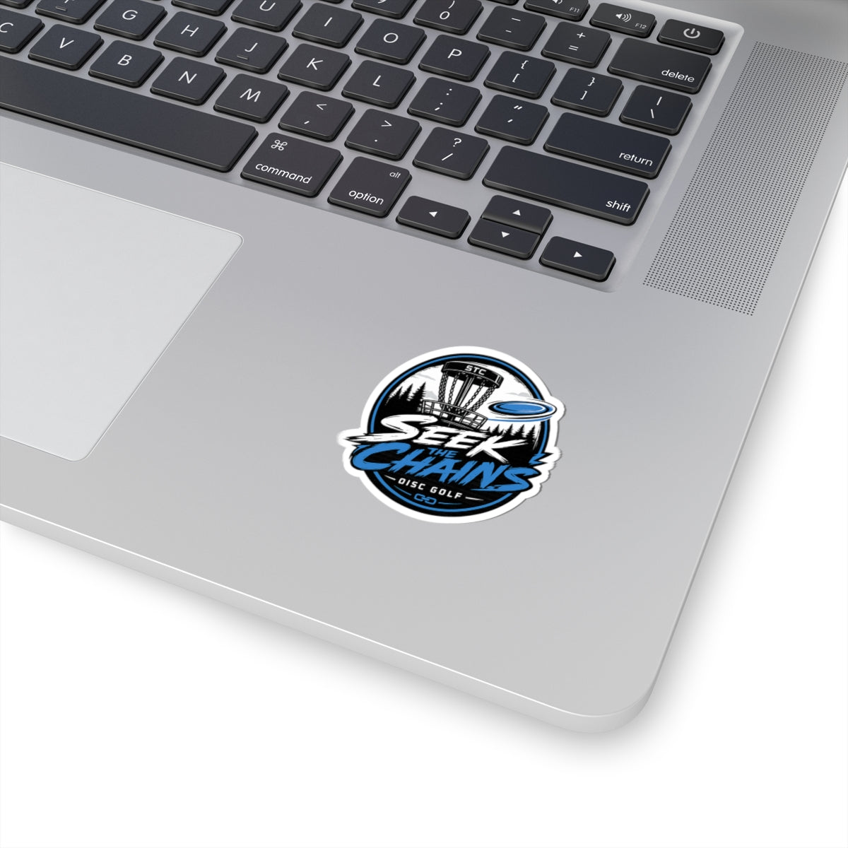 Disc Golf Sticker — "Seek the Chains" Kiss-Cut Sticker (Disc Golf Basket & Flying Disc Design)