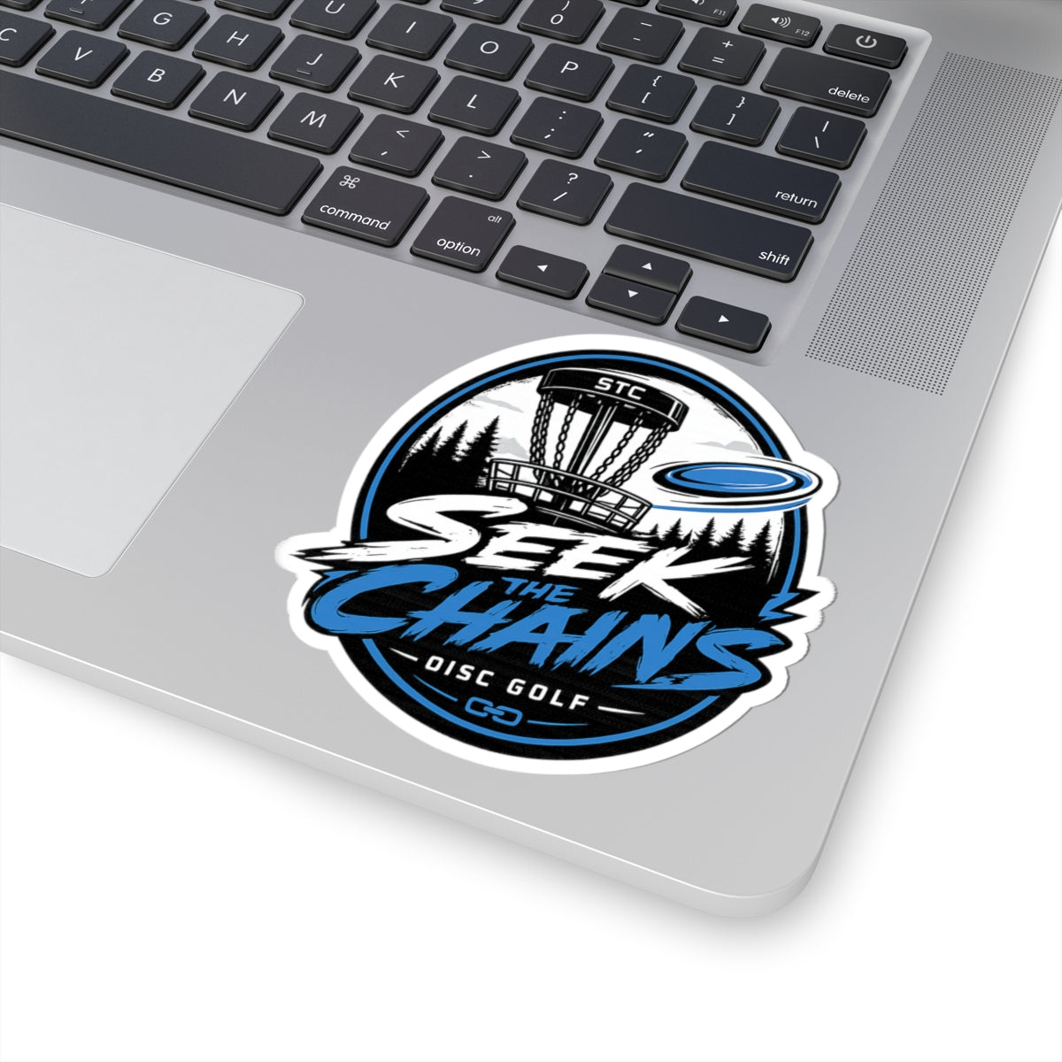 Disc Golf Sticker — "Seek the Chains" Kiss-Cut Sticker (Disc Golf Basket & Flying Disc Design)