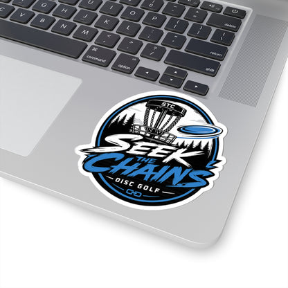 Disc Golf Sticker — "Seek the Chains" Kiss-Cut Sticker (Disc Golf Basket & Flying Disc Design)