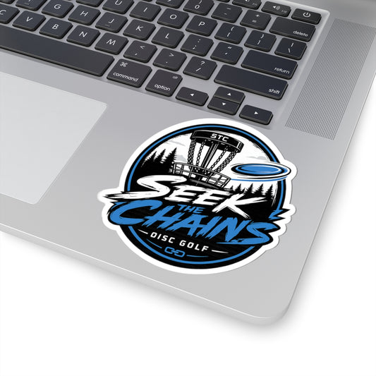 Disc Golf Sticker — "Seek the Chains" Kiss-Cut Sticker (Disc Golf Basket & Flying Disc Design)