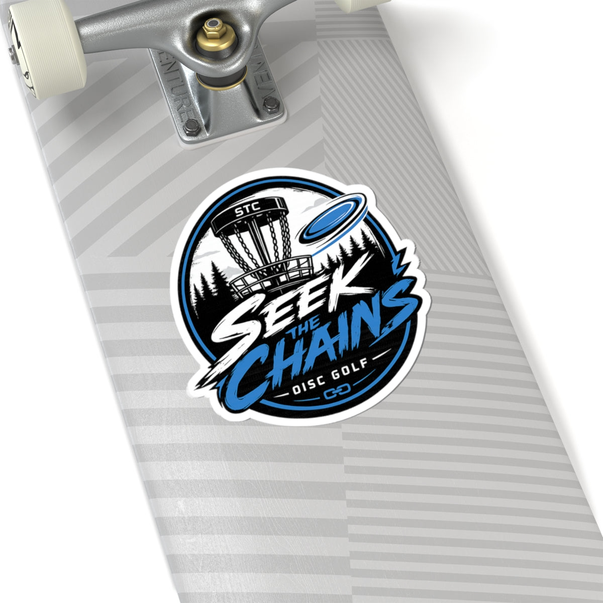 Disc Golf Sticker — "Seek the Chains" Kiss-Cut Sticker (Disc Golf Basket & Flying Disc Design)