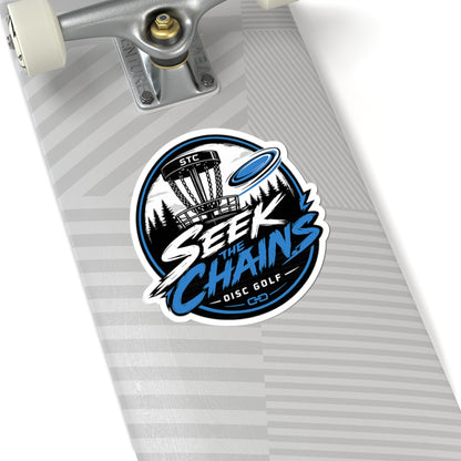 Disc Golf Sticker — "Seek the Chains" Kiss-Cut Sticker (Disc Golf Basket & Flying Disc Design)