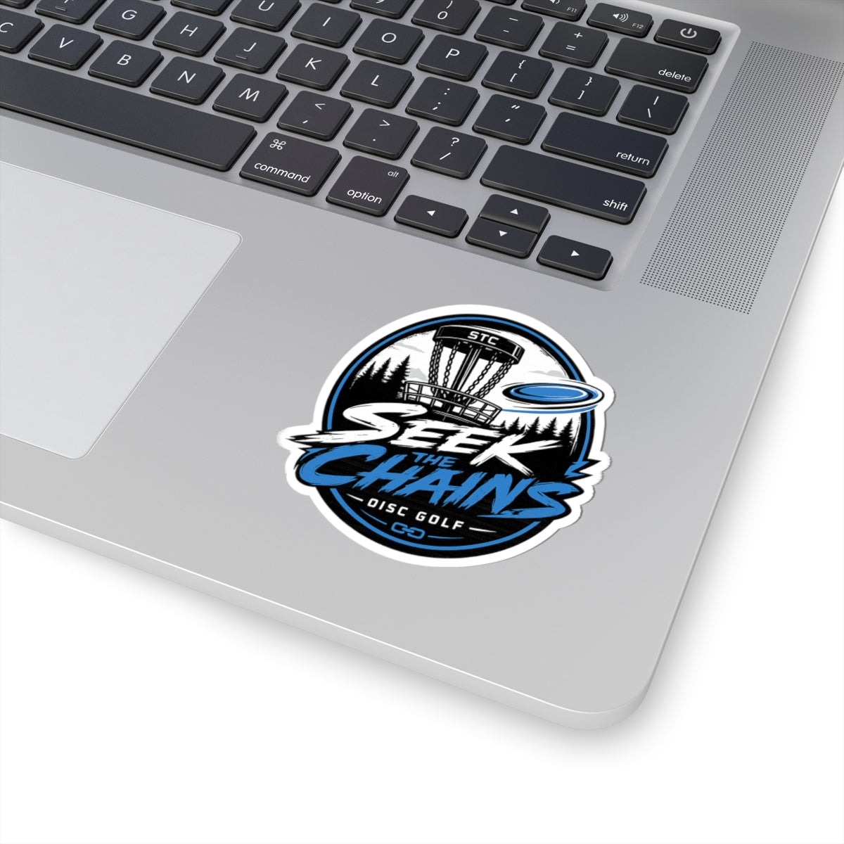 Disc Golf Sticker — "Seek the Chains" Kiss-Cut Sticker (Disc Golf Basket & Flying Disc Design)