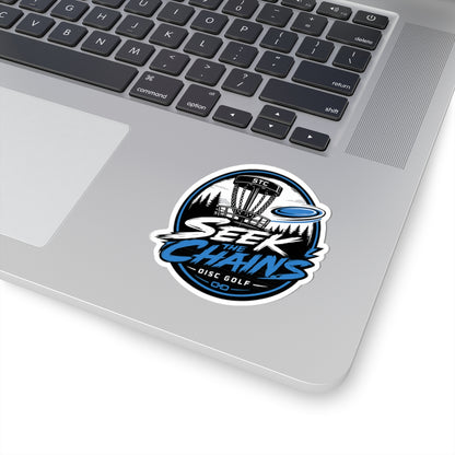 Disc Golf Sticker — "Seek the Chains" Kiss-Cut Sticker (Disc Golf Basket & Flying Disc Design)